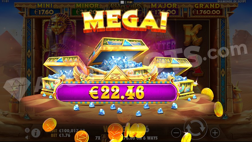 Three treasure chests decorated with diamonds and the inscription: 'Mega, €22.46.'