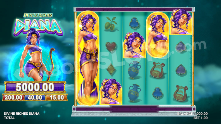 Divine Riches Diana slot main game screen with celestial background