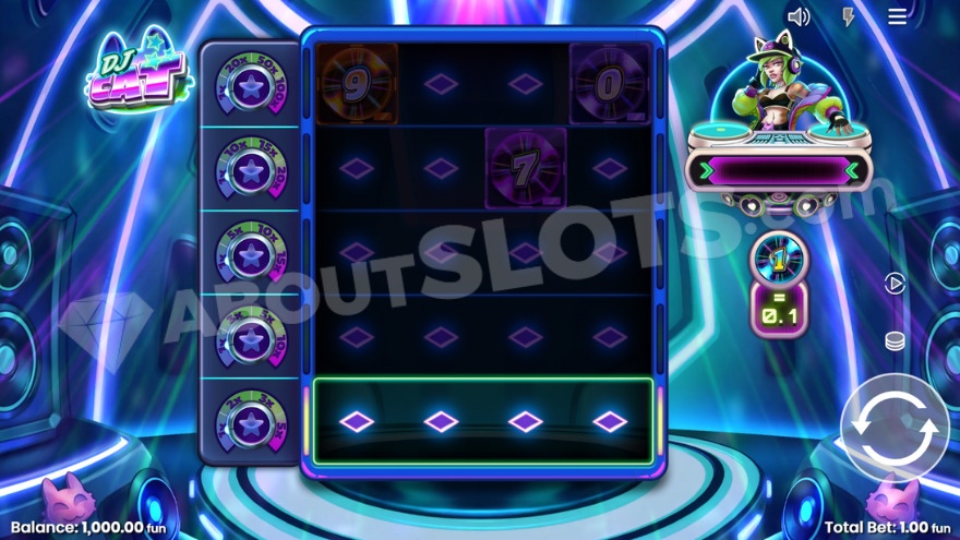 Base game of DJ Cat slot with the feline DJ positioned in the upper right corner of the screen.