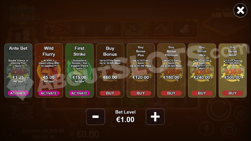 Menu showing ante bet options, feature selections and five free spins variants