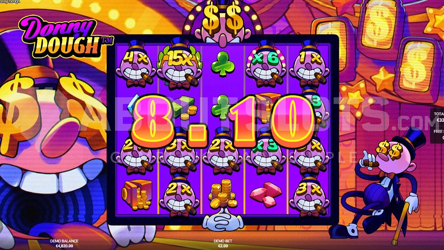 Free spins screen with winning combination of Donny symbols