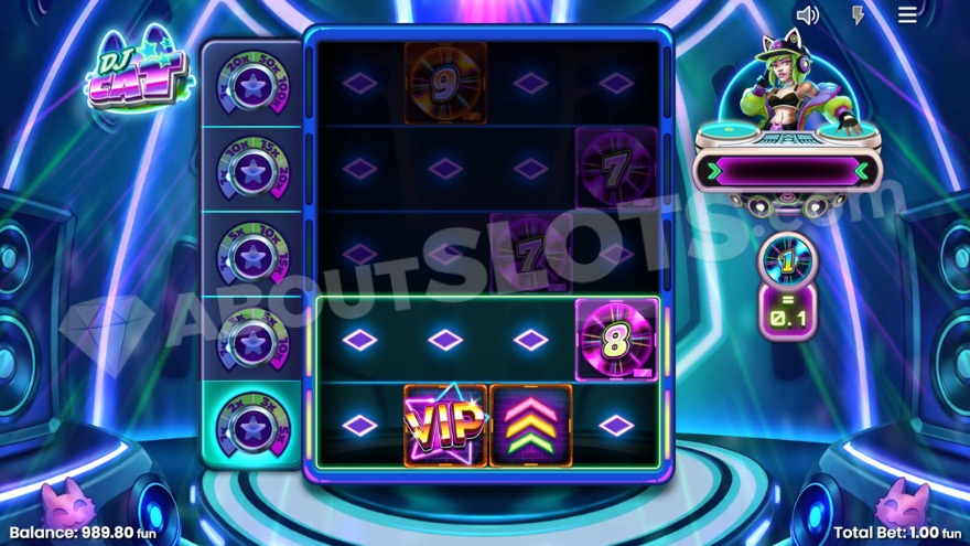 VIP symbol appearing in the first row of the DJ Cat slot.