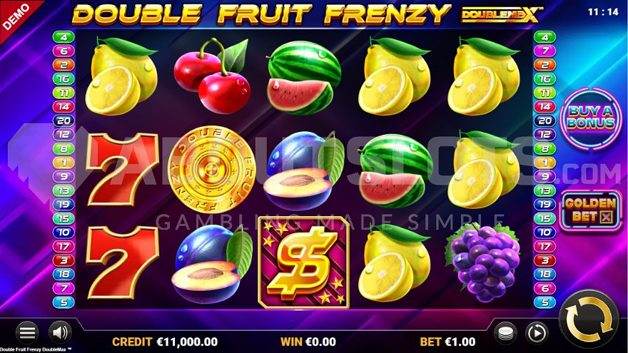 Casino slot with fruit symbols and blue-purple background