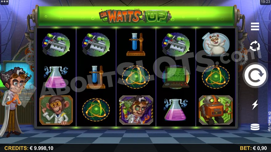 Dr Watts Up slot game main screen with scientist character