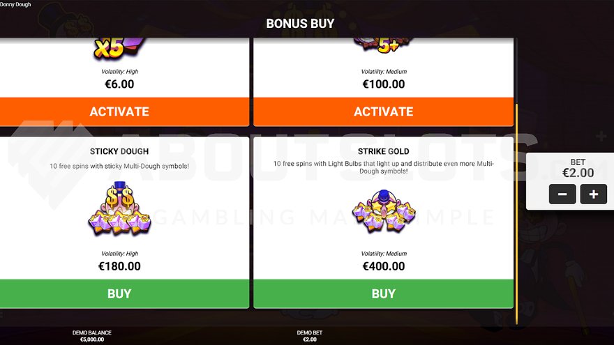 Feature buy screen offering Sticky Dough Free Spins for 90x stake and Strike Gold Free Spins for 200x stake
