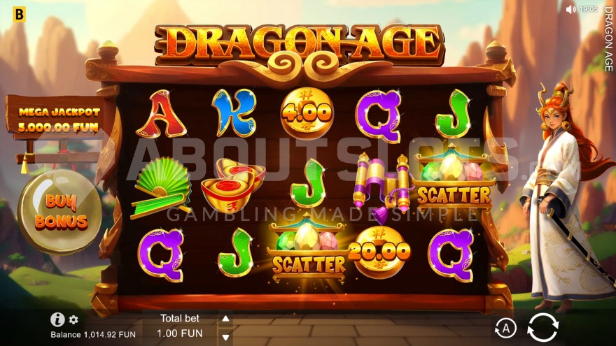 Main game with the princess standing to the right of the reels.