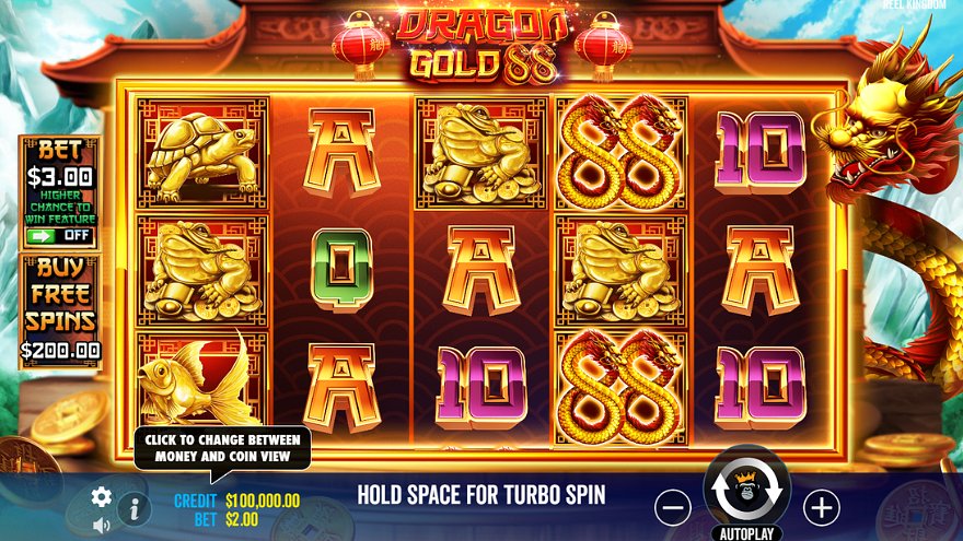 Chinese-themed slot game base screen with golden dragon decorations