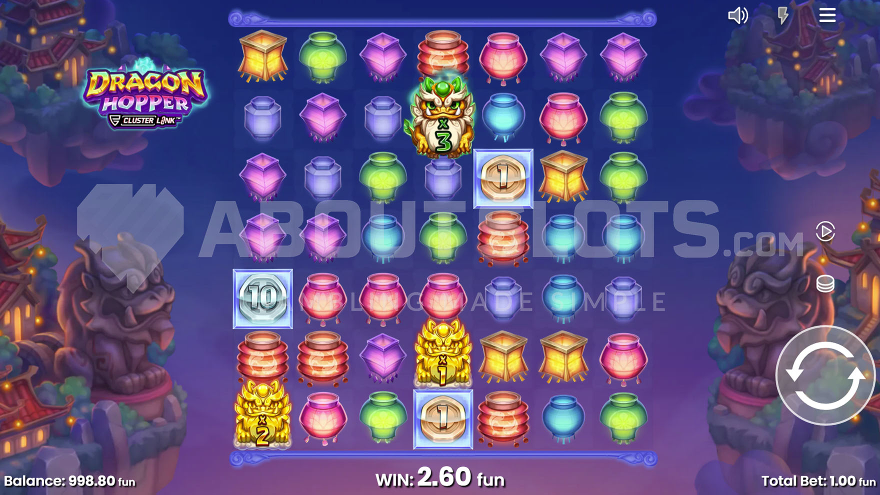 Base game view with 7x7 grid containing a mix of low and high-paying symbols and special symbols on the reels