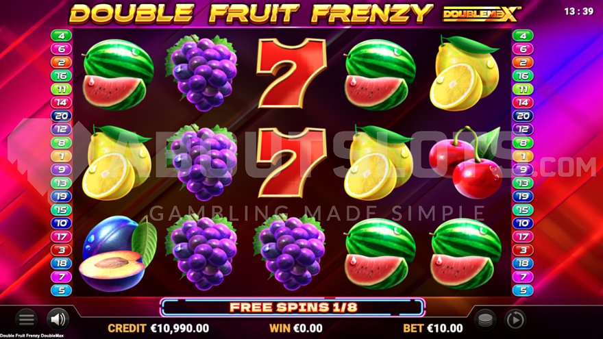 Free spins feature with multipliers in Double Fruit Frenzy Doublemax slot