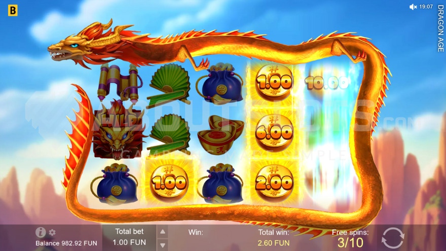 Bonus game with free spins where the dragon surrounds the reels.