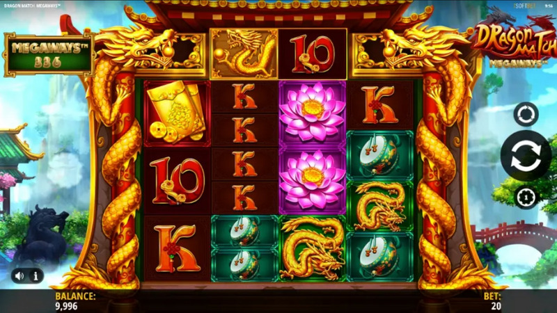 Dragon Match Megaways slot gameplay screen showing Chinese themed symbols and dragons