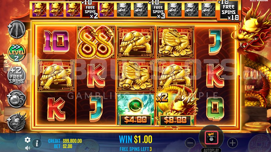 Free spins mode showing win accumulation and level progression