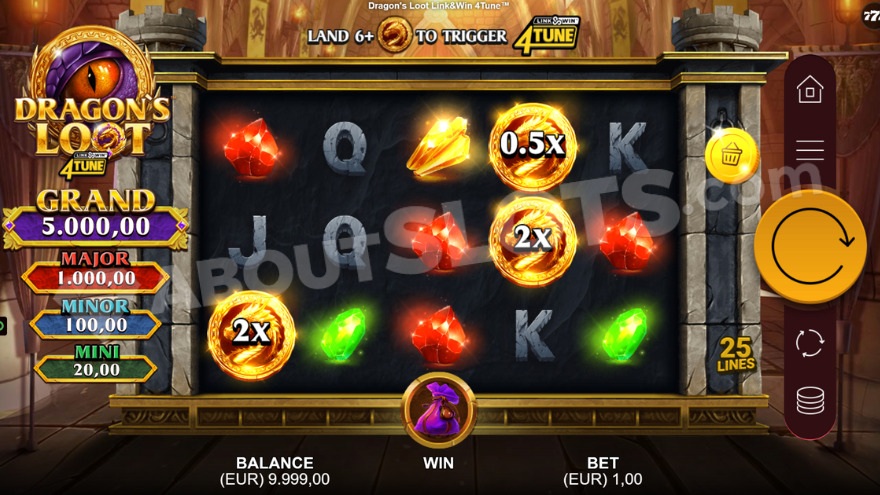Base game of Dragon's Loot with jackpots visible on the left side.