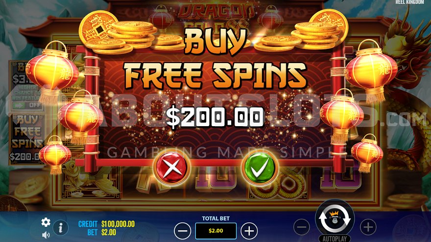 Feature buy screen offering free spins for 100x the bet