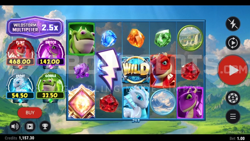 Dragon-themed slot game main screen showing reels and background landscape.