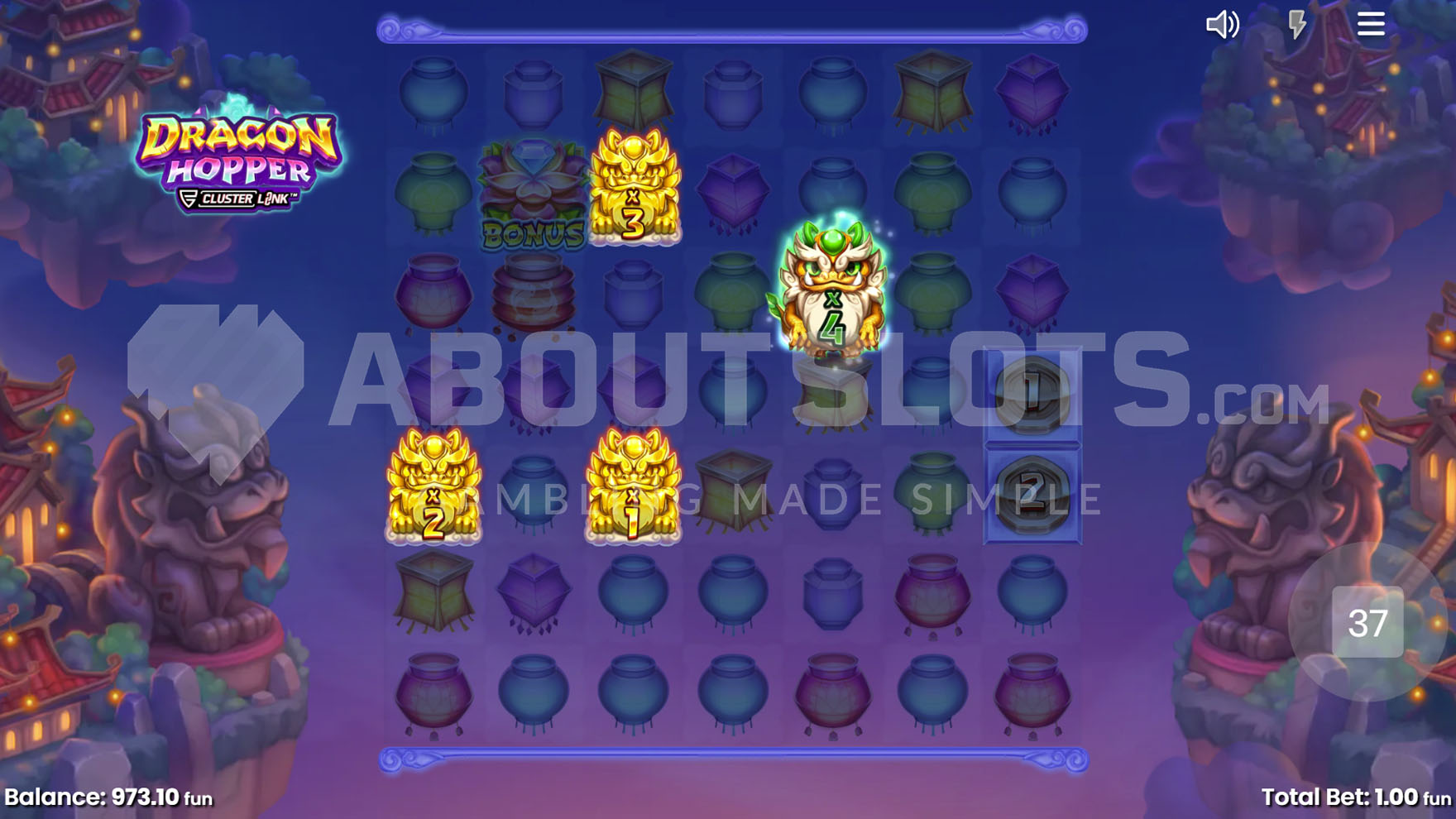Dragon Feature activated with 4 positions transformed into Wild symbols with multipliers