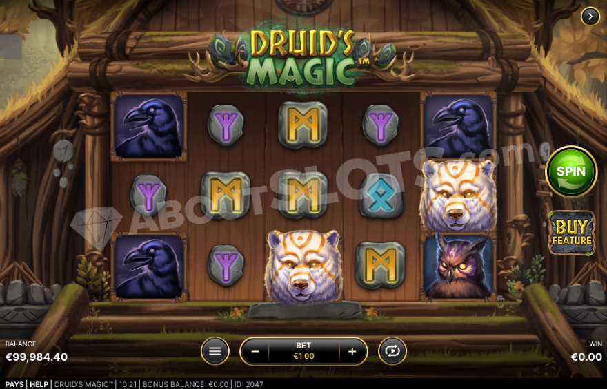 Base game of Druid's Magic showing the forest hut in the background.