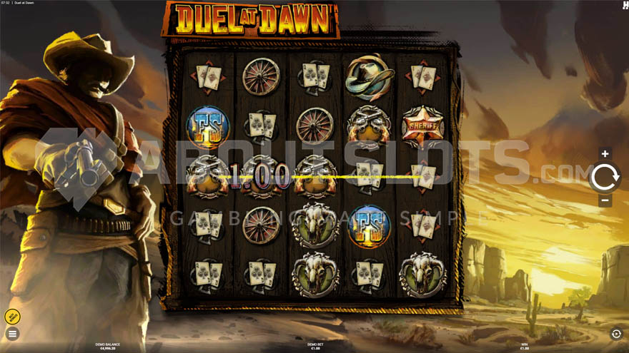 Duel at Dawn base game with a cowboy standing at the left of the reels