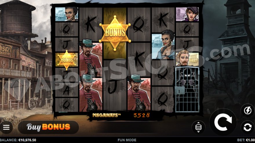 Six reels with sheriff badges and characters in an abandoned Wild West town.