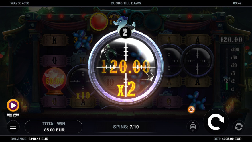 Free spins mode with active 2X crosshair multiplier in Ducks Till Dawn slot.