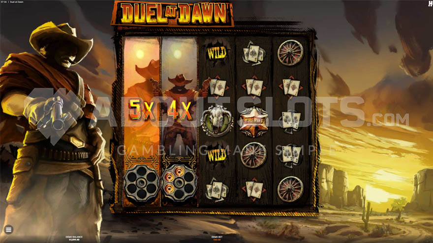Outlaw Feature with two fully expanded wild symbols on first and second reels
