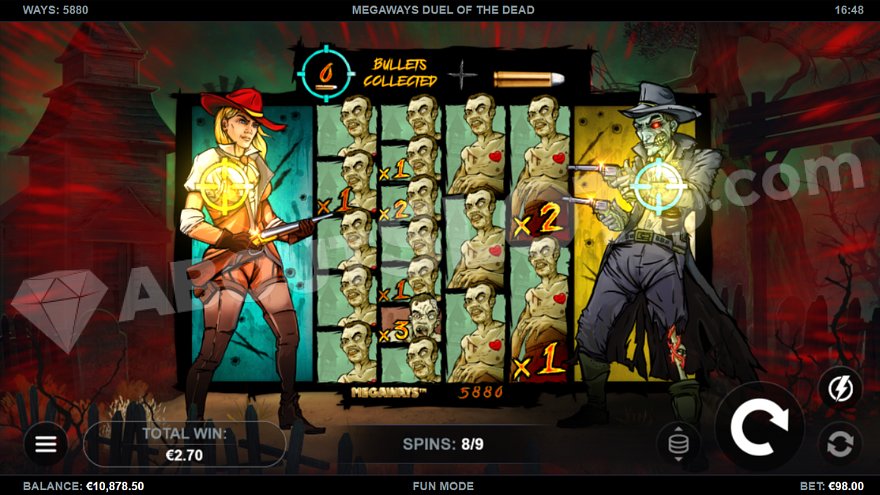 Female sheriff on the left shooting at zombies on the right, while reels 2-5 are filled with zombie symbols.