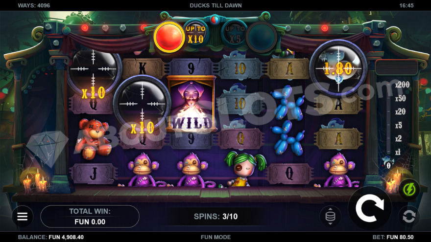 Bonus game with free spins and wild symbol on the third reel in Ducks Till Dawn slot.