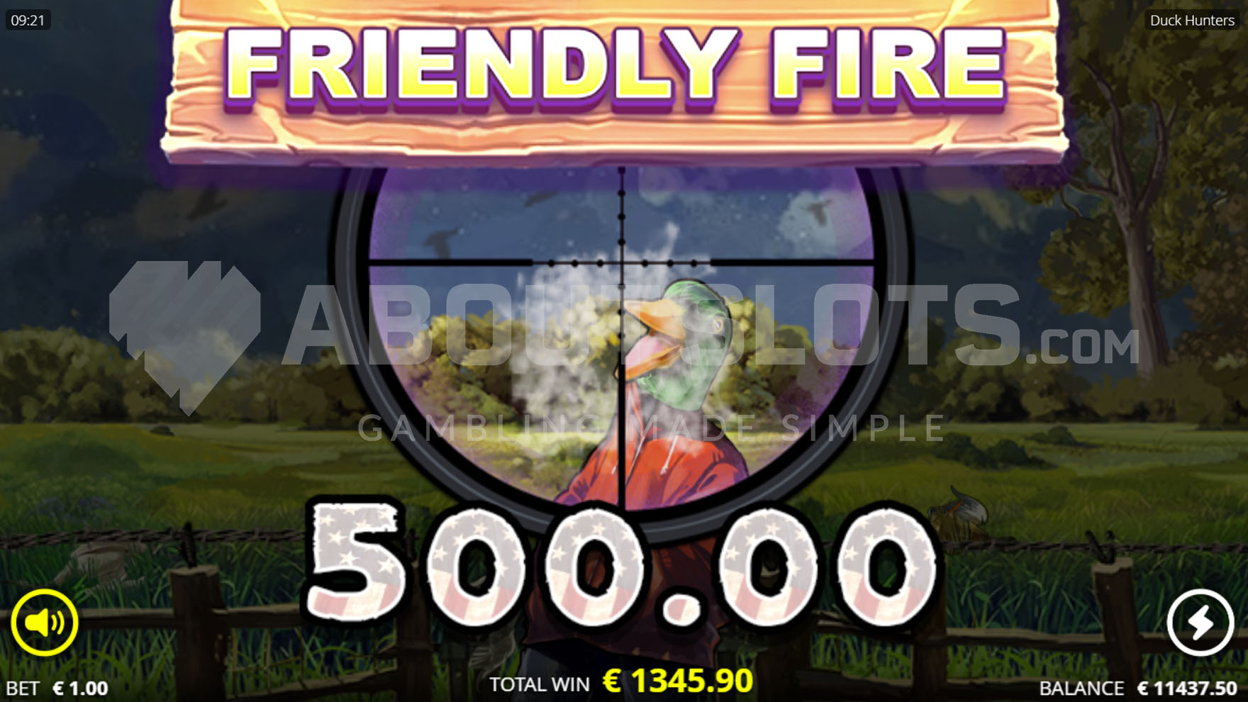 Big win celebration screen with a sight aimed at a duck