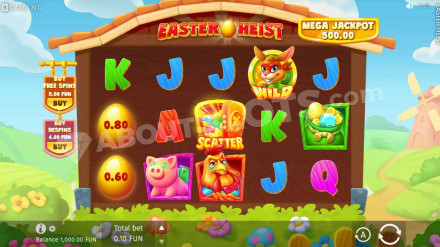 Base game of Easter Heist slot with green landscape in the background.