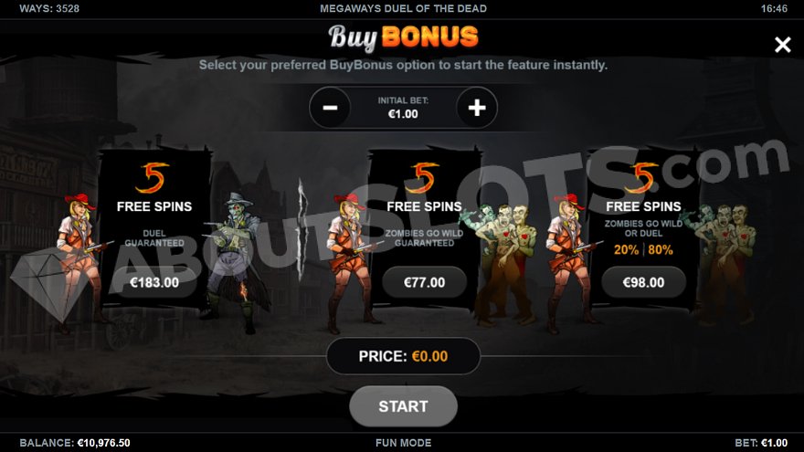 Menu offering free spins in three options: 77X, 98X, and 183X the bet.