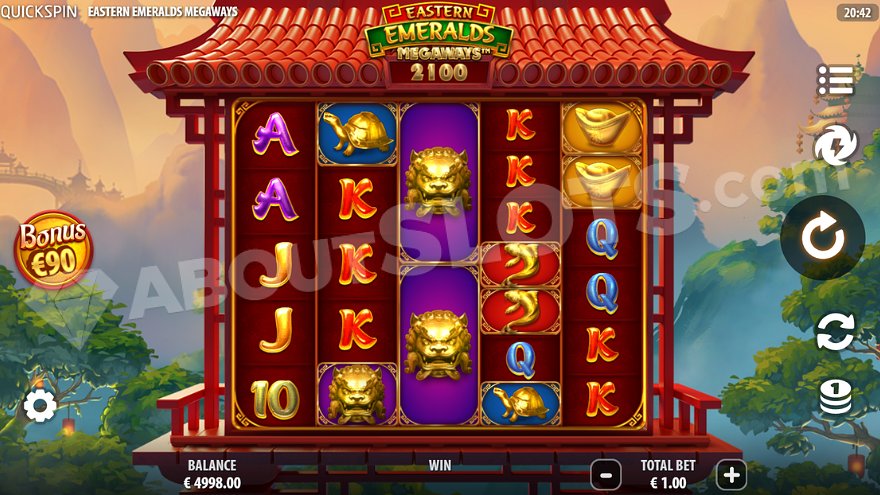 Eastern Emeralds Megaways slot main game screen with mountain backdrop