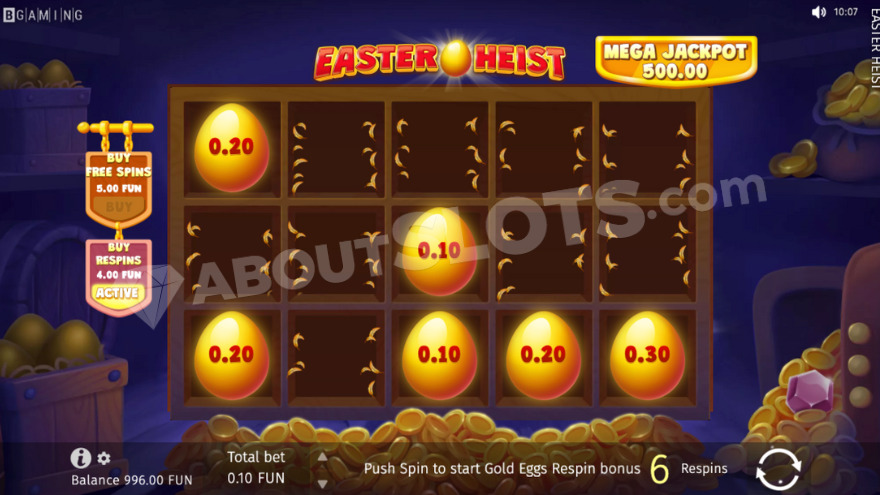 Golden Eggs Respin feature with 6 golden eggs on the reels.