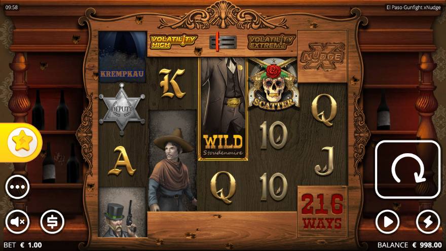 El Paso Gunfight xNudge slot main screen showing the saloon setting