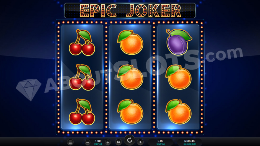 Base game with various fruit symbols on the reels of Epic Joker slot.