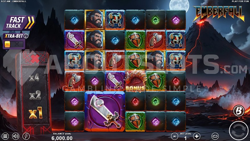 Emberfall slot game base screen with volcanic background