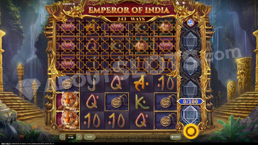 Base game view of Emperor of India slot with beautiful waterfalls in the background