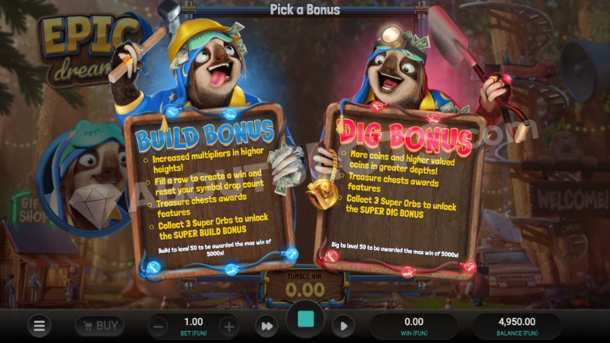 Bonus selection screen with two options to choose from.
