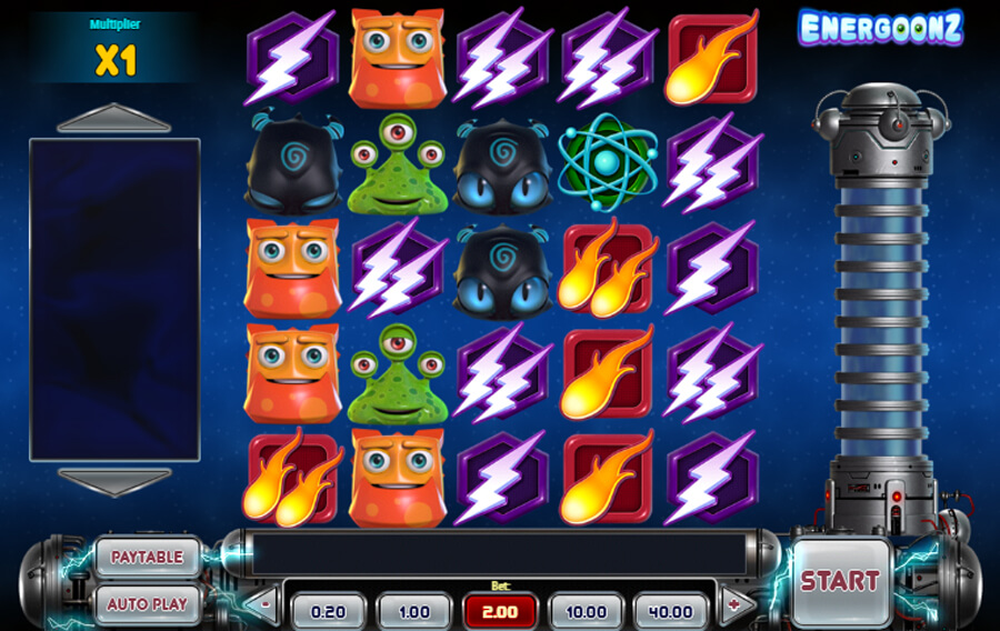 Energoonz slot game interface showing the 5x5 grid layout