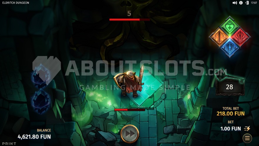 Battle against a monster in the Eldritch Dungeon slot game.