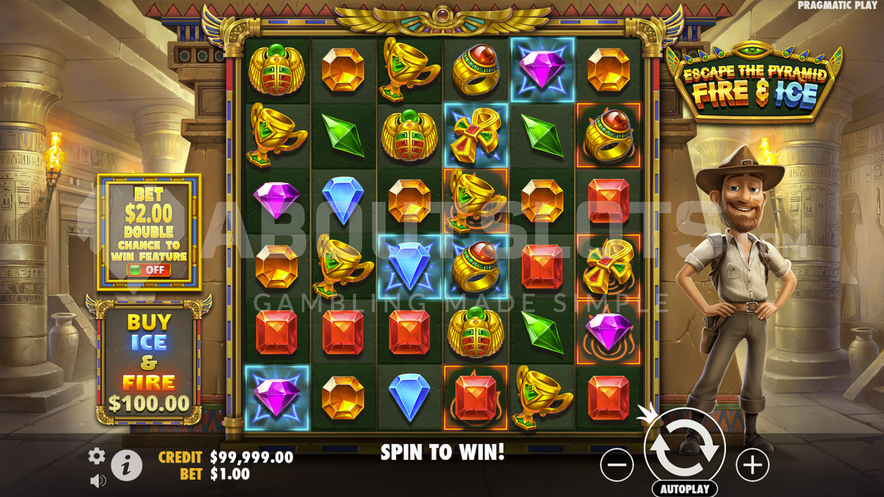 Base game view showing a 6x6 grid set in an Egyptian pyramid with a cartoon male explorer standing on the right.