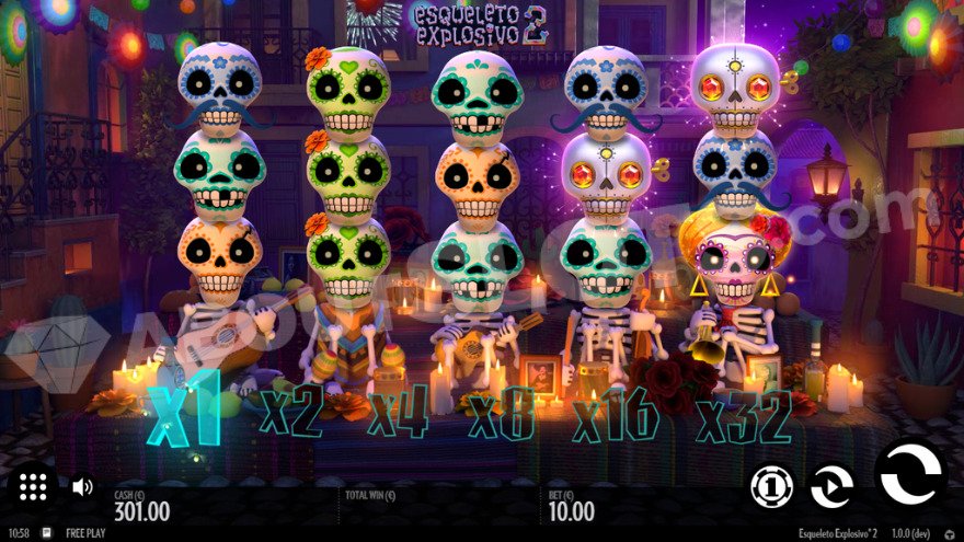 Base game showing various skull symbols on the reels of Esqueleto Explosivo 2