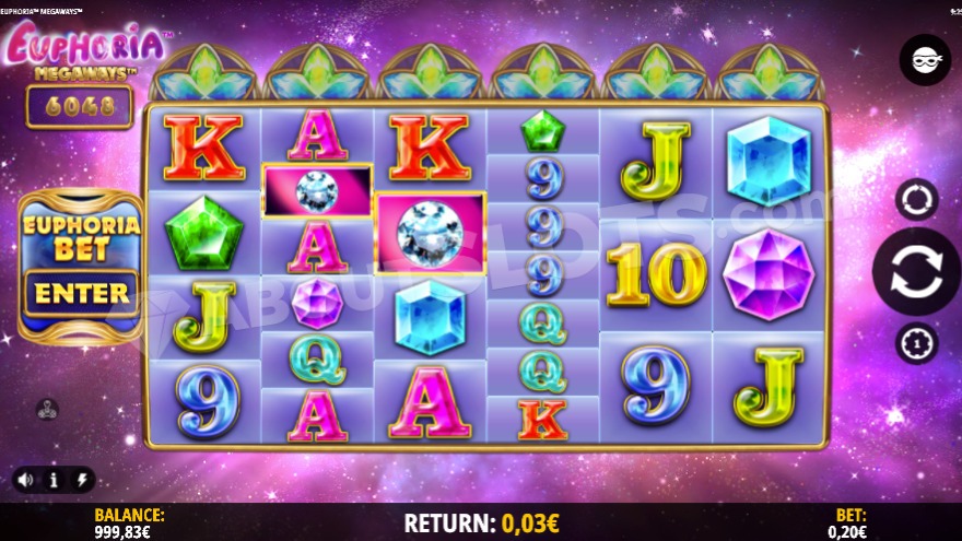 Base game with purple glowing galaxy background in Euphoria Megaways slot.