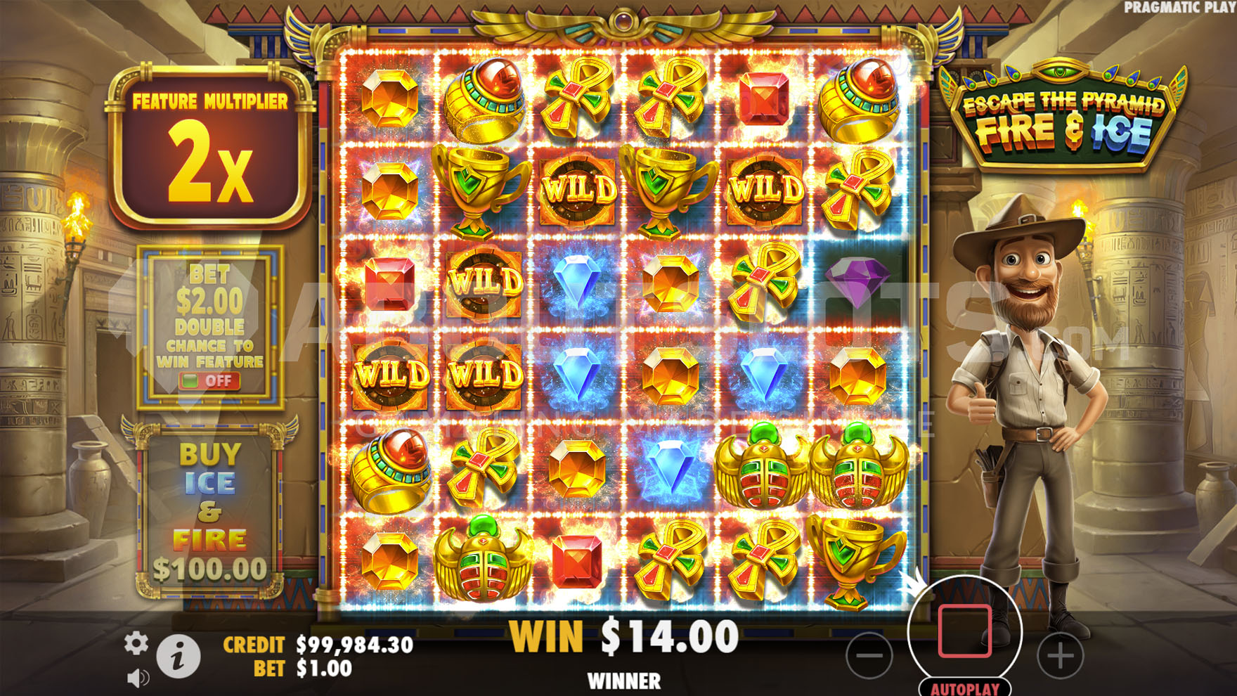 Activated Fire Feature with multiple Wild symbols participating in winning combinations and an accumulated x2 multiplier.