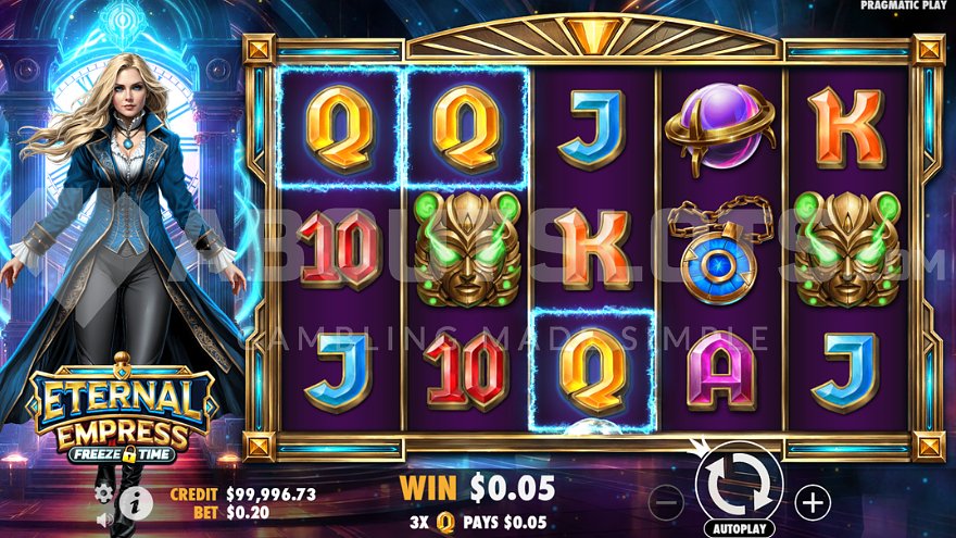Winning combination with Q symbols on reels 1, 2, and 3
