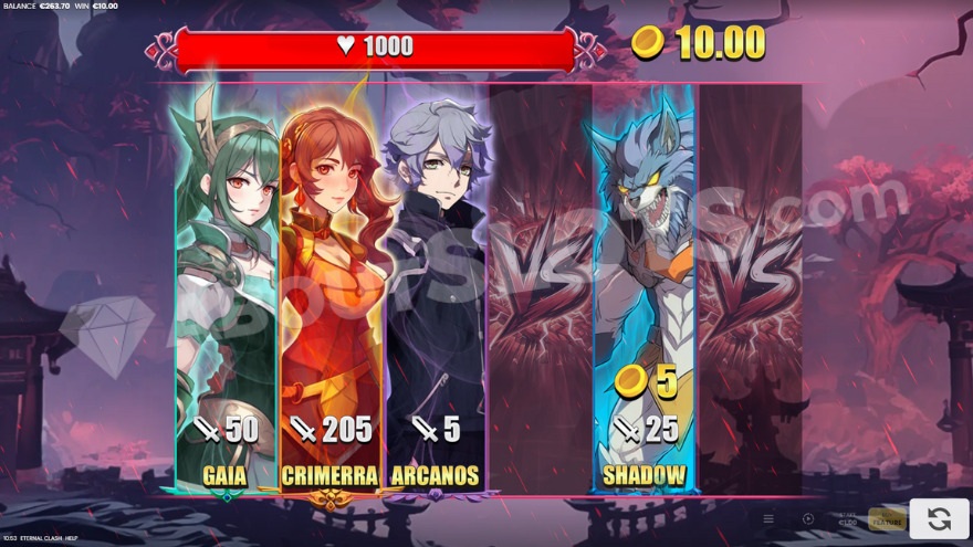Bonus game with free spins showing three allied characters and one enemy character on the reels
