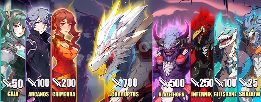 Eight different characters displayed on the screen