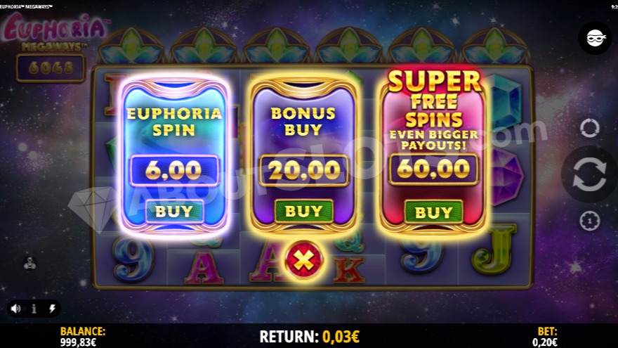 Euphoria Megaways slot bonus buy options showing three different bonus purchase choices.