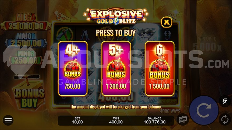 Feature buy screen showing options for free spins at 75X, 120X and 150X bet