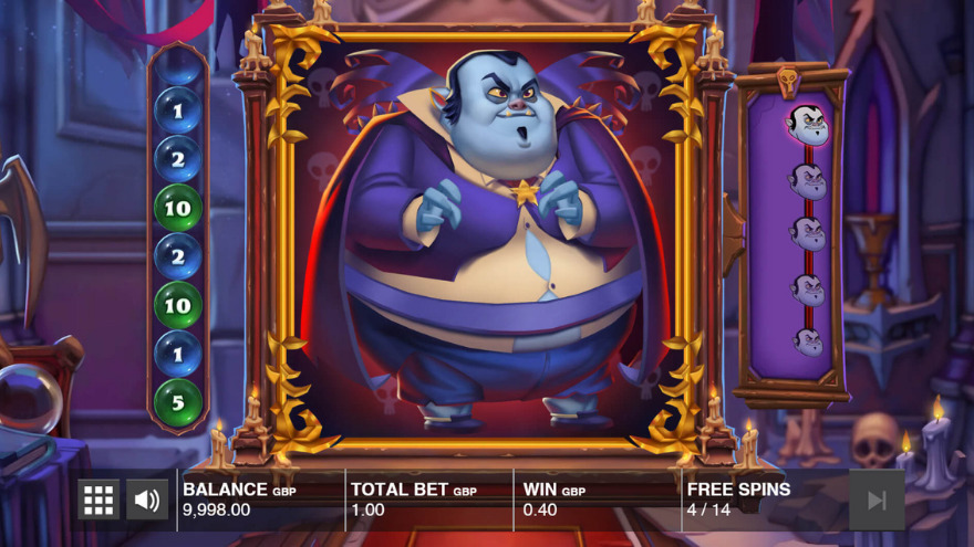 Fat Drac slot free spins feature with expanded Dracula symbol