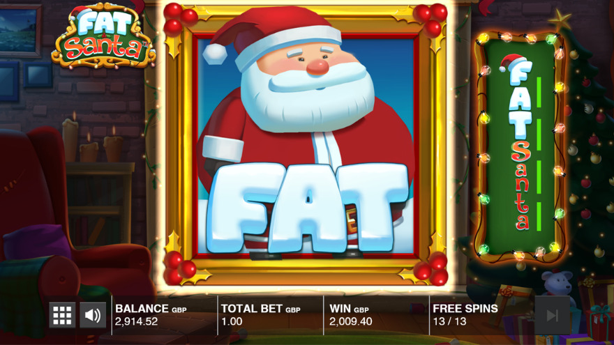 Free spins feature with expanded Santa wild symbol and level progression meter